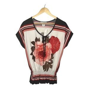 Claudia Richard Floral Rose Smocked Waist Blouse Black Red White Size Medium NWT